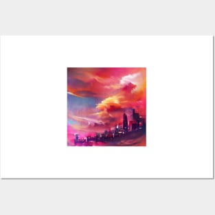 Sunset over the city in the clouds Posters and Art